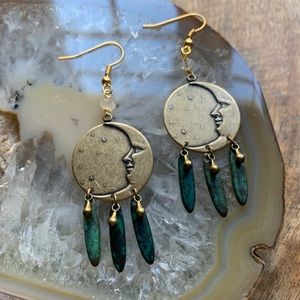 Brass Moon Moonstone Gemstone Dangle Earrings
